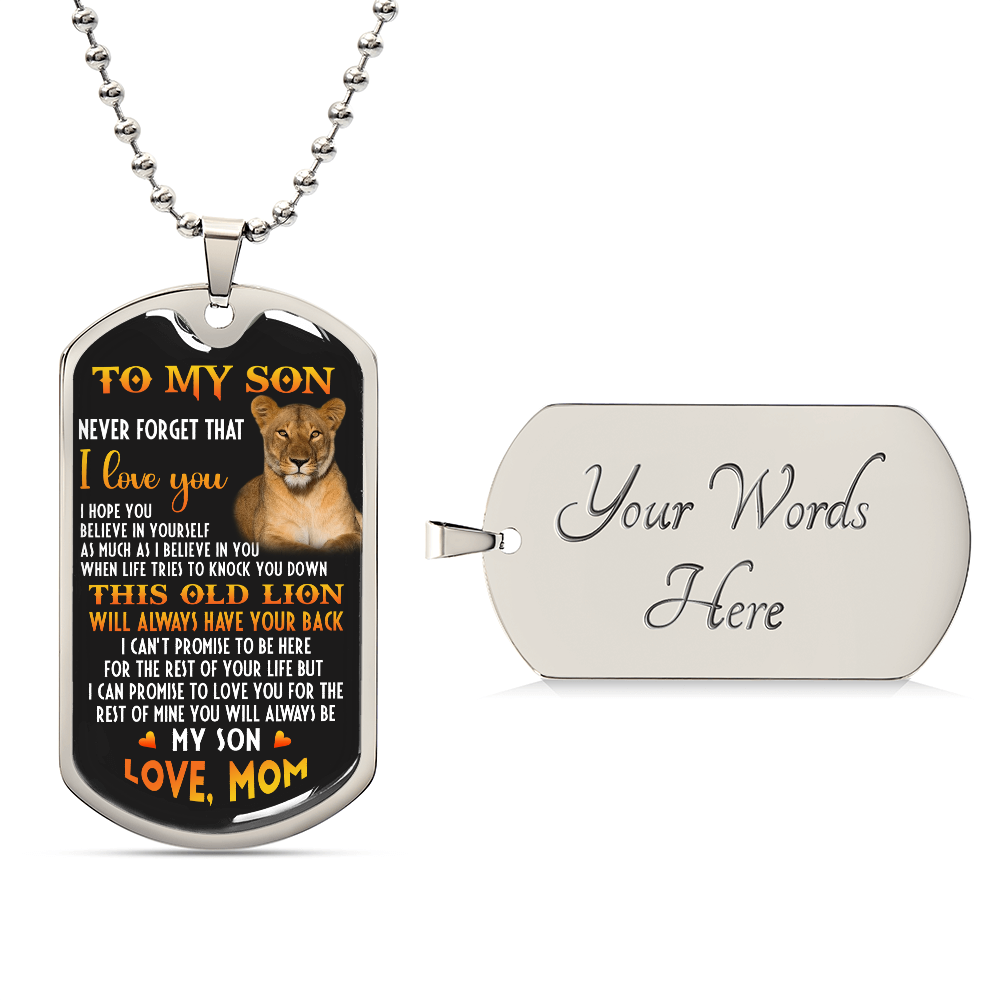 o My Son – Old Lion Dog Tag Necklace from Mom | Personalized Military Pendant Keepsake Gift for Birthday, Graduation, Christmas, or Deployment - Mallard Moon Gift Shop