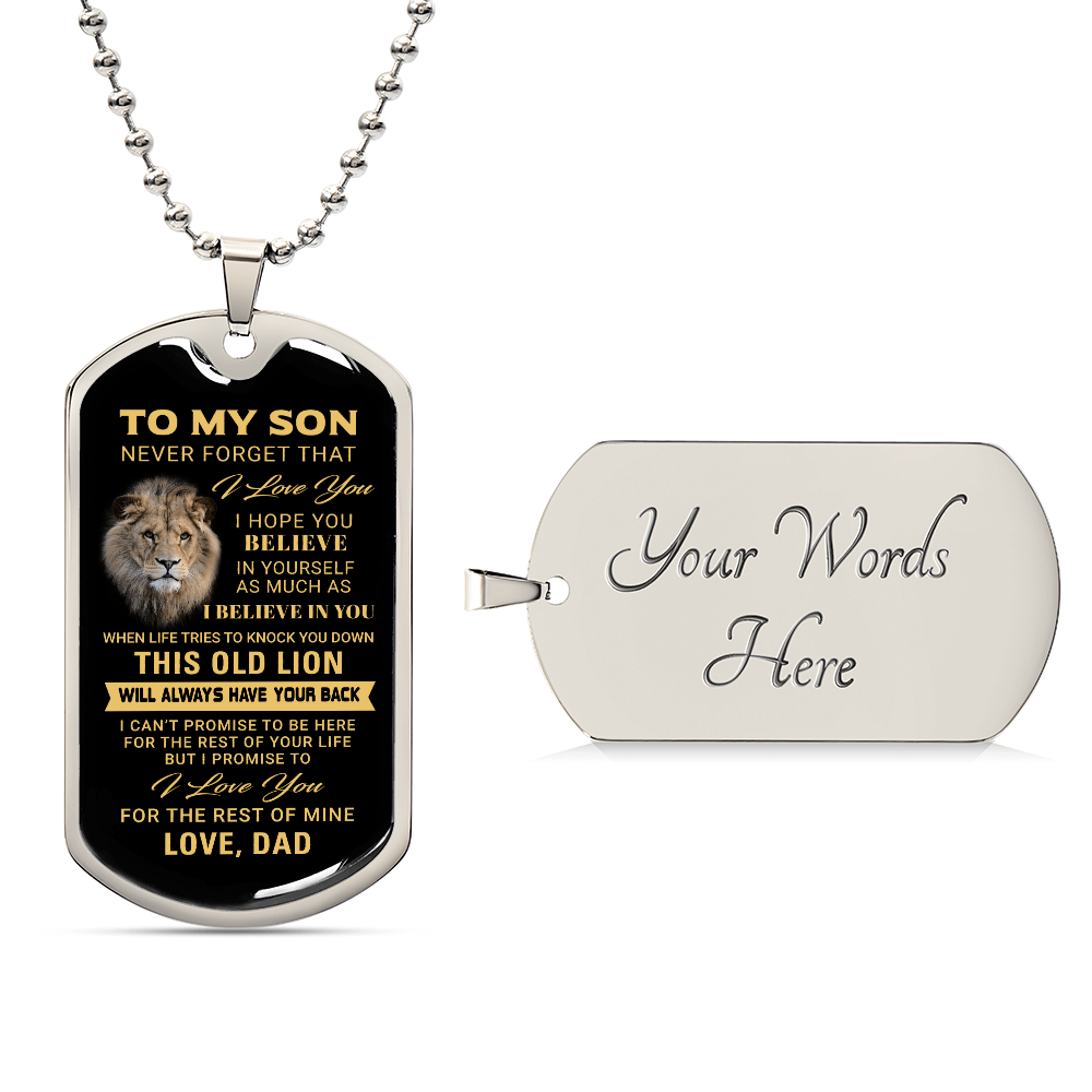 To My Son – Old Lion Dog Tag Necklace from Dad | Personalized Military Pendant Keepsake Gift for Birthday, Graduation, Christmas, or Deployment - Mallard Moon Gift Shop