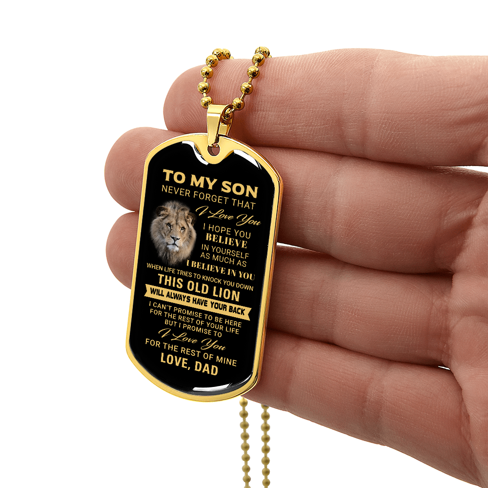 To My Son – Old Lion Dog Tag Necklace from Dad | Personalized Military Pendant Keepsake Gift for Birthday, Graduation, Christmas, or Deployment - Mallard Moon Gift Shop