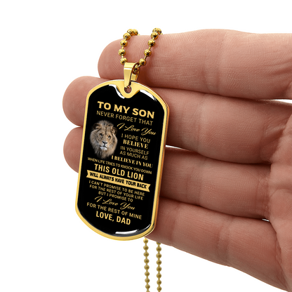 To My Son – Old Lion Dog Tag Necklace from Dad | Personalized Military Pendant Keepsake Gift for Birthday, Graduation, Christmas, or Deployment - Mallard Moon Gift Shop