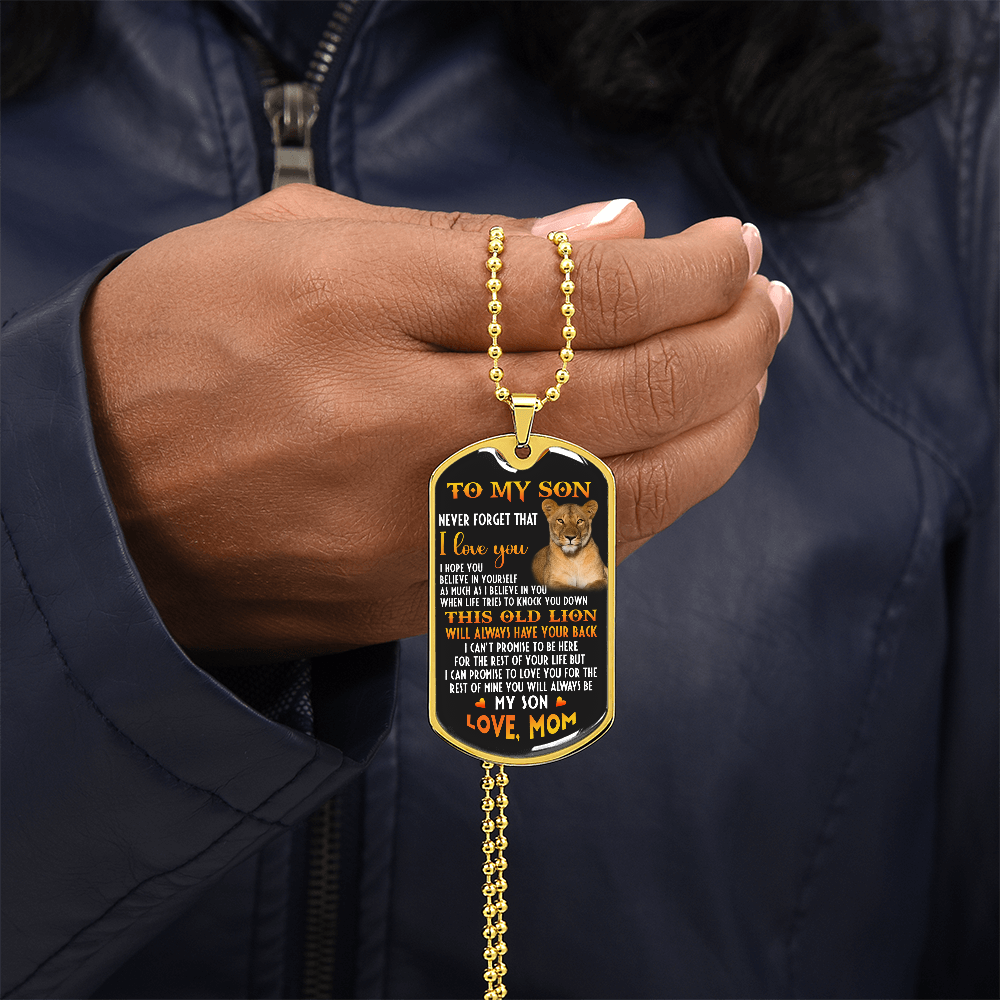 o My Son – Old Lion Dog Tag Necklace from Mom | Personalized Military Pendant Keepsake Gift for Birthday, Graduation, Christmas, or Deployment - Mallard Moon Gift Shop