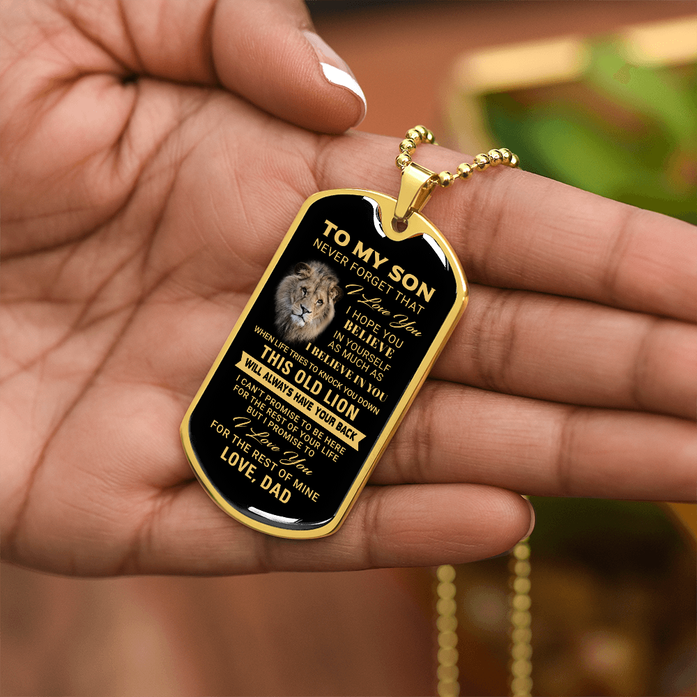 To My Son – Old Lion Dog Tag Necklace from Dad | Personalized Military Pendant Keepsake Gift for Birthday, Graduation, Christmas, or Deployment - Mallard Moon Gift Shop
