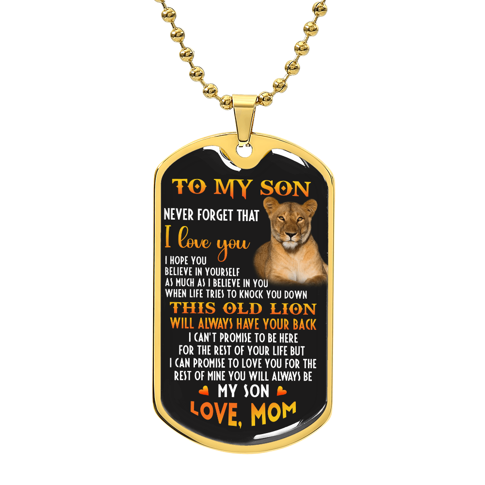 o My Son – Old Lion Dog Tag Necklace from Mom | Personalized Military Pendant Keepsake Gift for Birthday, Graduation, Christmas, or Deployment - Mallard Moon Gift Shop