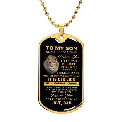 To My Son – Old Lion Dog Tag Necklace from Dad | Personalized Military Pendant Keepsake Gift for Birthday, Graduation, Christmas, or Deployment - Mallard Moon Gift Shop