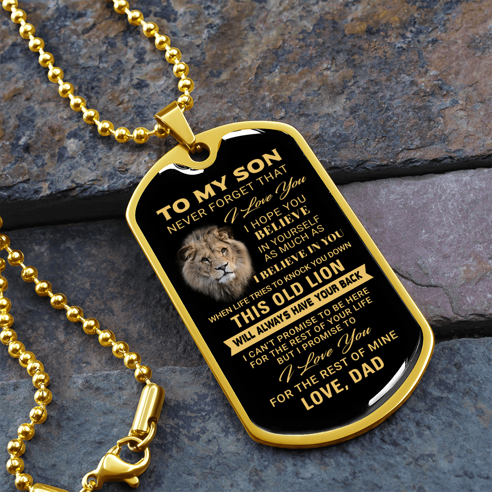 To My Son – Old Lion Dog Tag Necklace from Dad | Personalized Military Pendant Keepsake Gift for Birthday, Graduation, Christmas, or Deployment - Mallard Moon Gift Shop