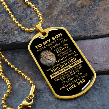 To My Son – Old Lion Dog Tag Necklace from Dad | Personalized Military Pendant Keepsake Gift for Birthday, Graduation, Christmas, or Deployment - Mallard Moon Gift Shop