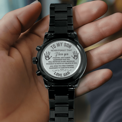 To My Son Engraved Chronograph Watch – Black Stainless-Steel Timepiece from Mom | Sentimental Gift for Birthday, Graduation, Christmas, or Deployment - Mallard Moon Gift Shop