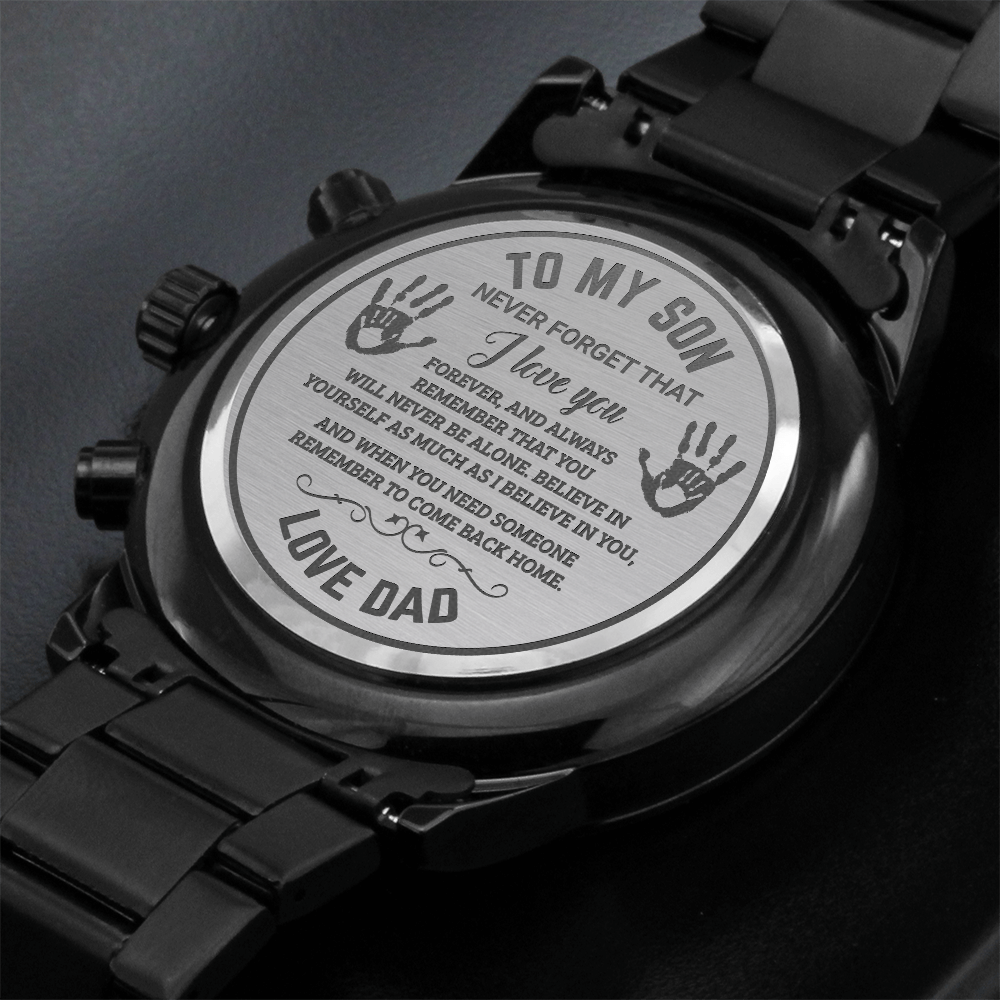 To My Son Engraved Chronograph Watch – Black Stainless-Steel Timepiece from Mom | Sentimental Gift for Birthday, Graduation, Christmas, or Deployment - Mallard Moon Gift Shop