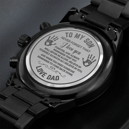 To My Son Engraved Chronograph Watch – Black Stainless-Steel Timepiece from Mom | Sentimental Gift for Birthday, Graduation, Christmas, or Deployment - Mallard Moon Gift Shop