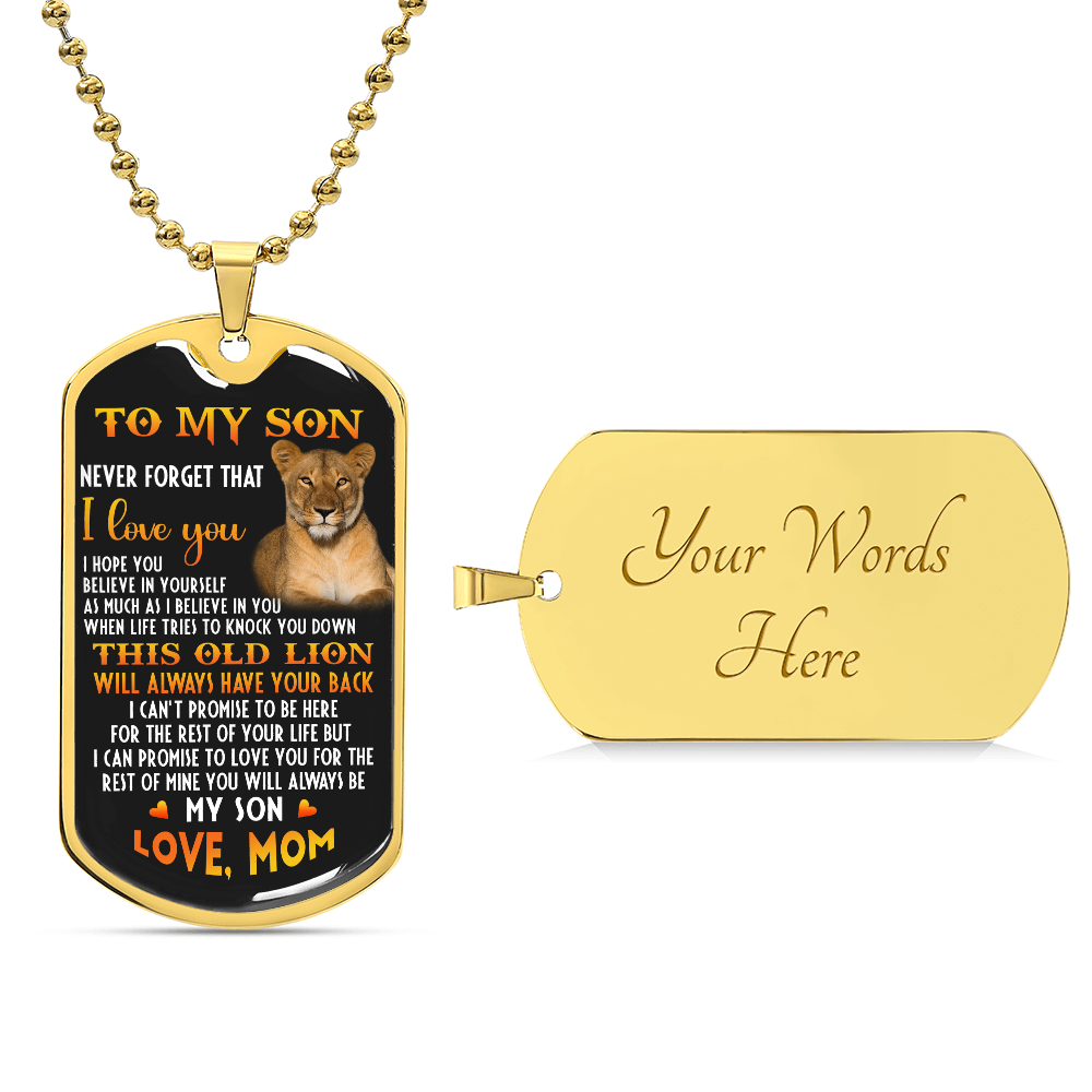 o My Son – Old Lion Dog Tag Necklace from Mom | Personalized Military Pendant Keepsake Gift for Birthday, Graduation, Christmas, or Deployment - Mallard Moon Gift Shop