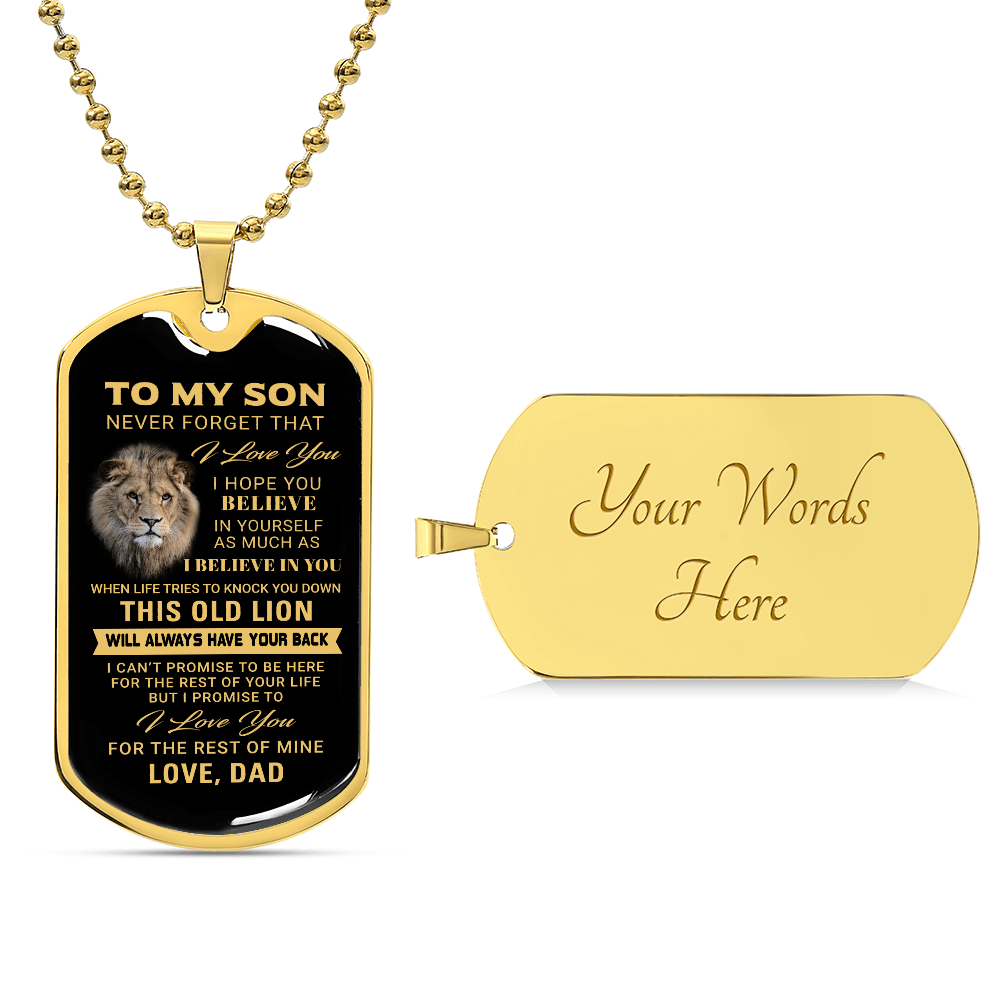 To My Son – Old Lion Dog Tag Necklace from Dad | Personalized Military Pendant Keepsake Gift for Birthday, Graduation, Christmas, or Deployment - Mallard Moon Gift Shop