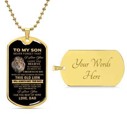 To My Son – Old Lion Dog Tag Necklace from Dad | Personalized Military Pendant Keepsake Gift for Birthday, Graduation, Christmas, or Deployment - Mallard Moon Gift Shop