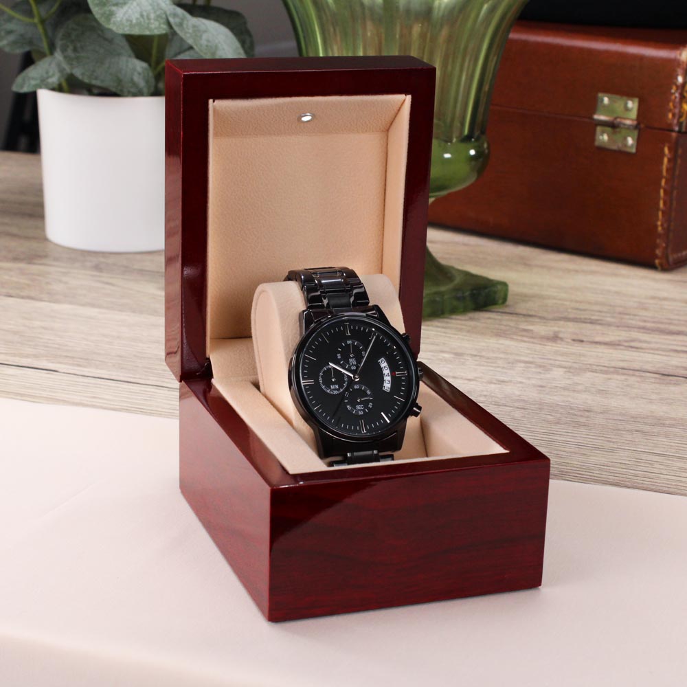 To My Son Engraved Chronograph Watch – Black Stainless-Steel Timepiece from Mom | Sentimental Gift for Birthday, Graduation, Christmas, or Deployment - Mallard Moon Gift Shop