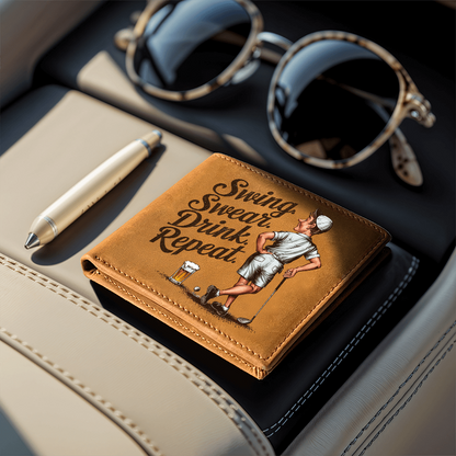 Swing Swear Drink Repeat Golf Wallet – Funny Full Grain Leather Wallet for Golfers – Unique Gift for Dad, Husband, or Friend - Mallard Moon Gift Shop