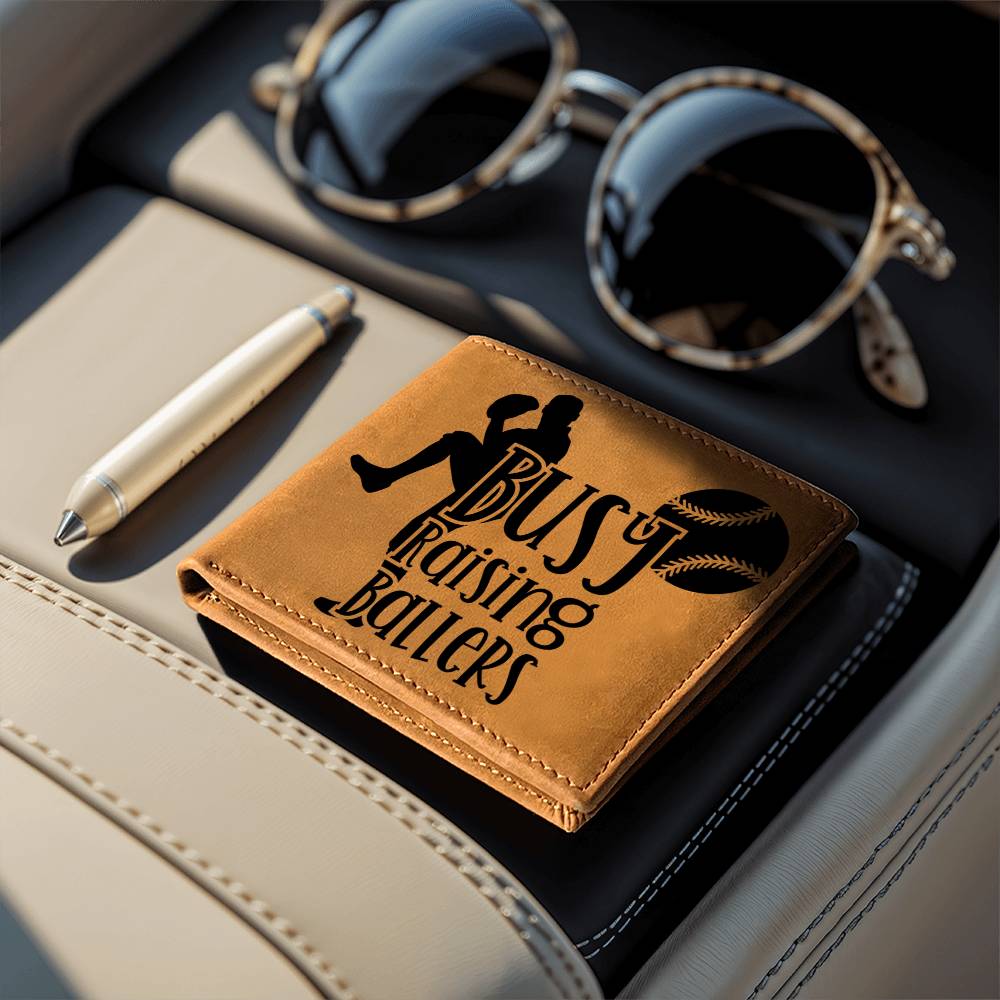 Busy Raising Ballers Leather Wallet – Full Grain Cowhide Bifold – Baseball Gift for Sports-Loving Dads - Mallard Moon Gift Shop