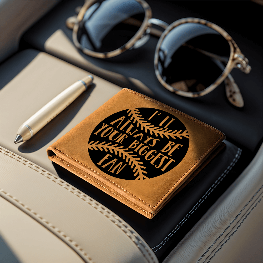 I'll Always Be Your Biggest Fan Baseball Wallet – Full Grain Cowhide Leather Bifold – Heartfelt Gift for Dad, Son, or Player - Mallard Moon Gift Shop