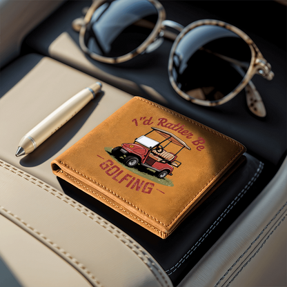 I'd Rather Be Golfing Leather Wallet – Funny Full Grain Cowhide Bifold – Golf Cart Design Gift for Dad or Grandpa - Mallard Moon Gift Shop