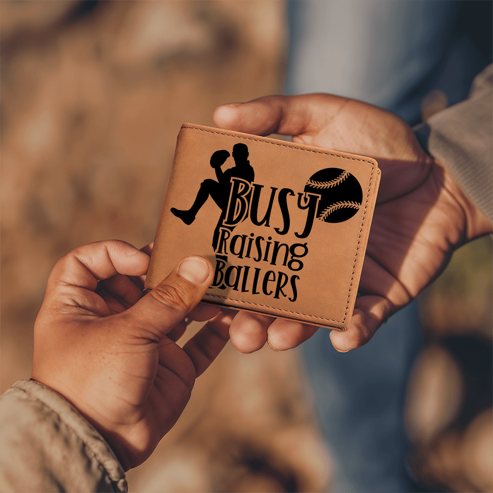 Busy Raising Ballers Leather Wallet – Full Grain Cowhide Bifold – Baseball Gift for Sports-Loving Dads - Mallard Moon Gift Shop