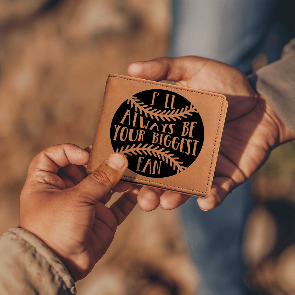 I'll Always Be Your Biggest Fan Baseball Wallet – Full Grain Cowhide Leather Bifold – Heartfelt Gift for Dad, Son, or Player - Mallard Moon Gift Shop