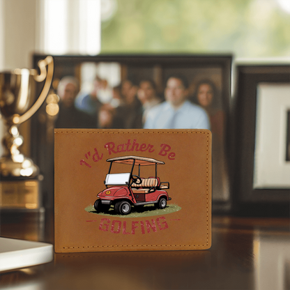 I'd Rather Be Golfing Leather Wallet – Funny Full Grain Cowhide Bifold – Golf Cart Design Gift for Dad or Grandpa - Mallard Moon Gift Shop