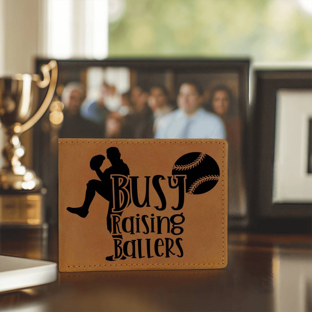 Busy Raising Ballers Leather Wallet – Full Grain Cowhide Bifold – Baseball Gift for Sports-Loving Dads - Mallard Moon Gift Shop