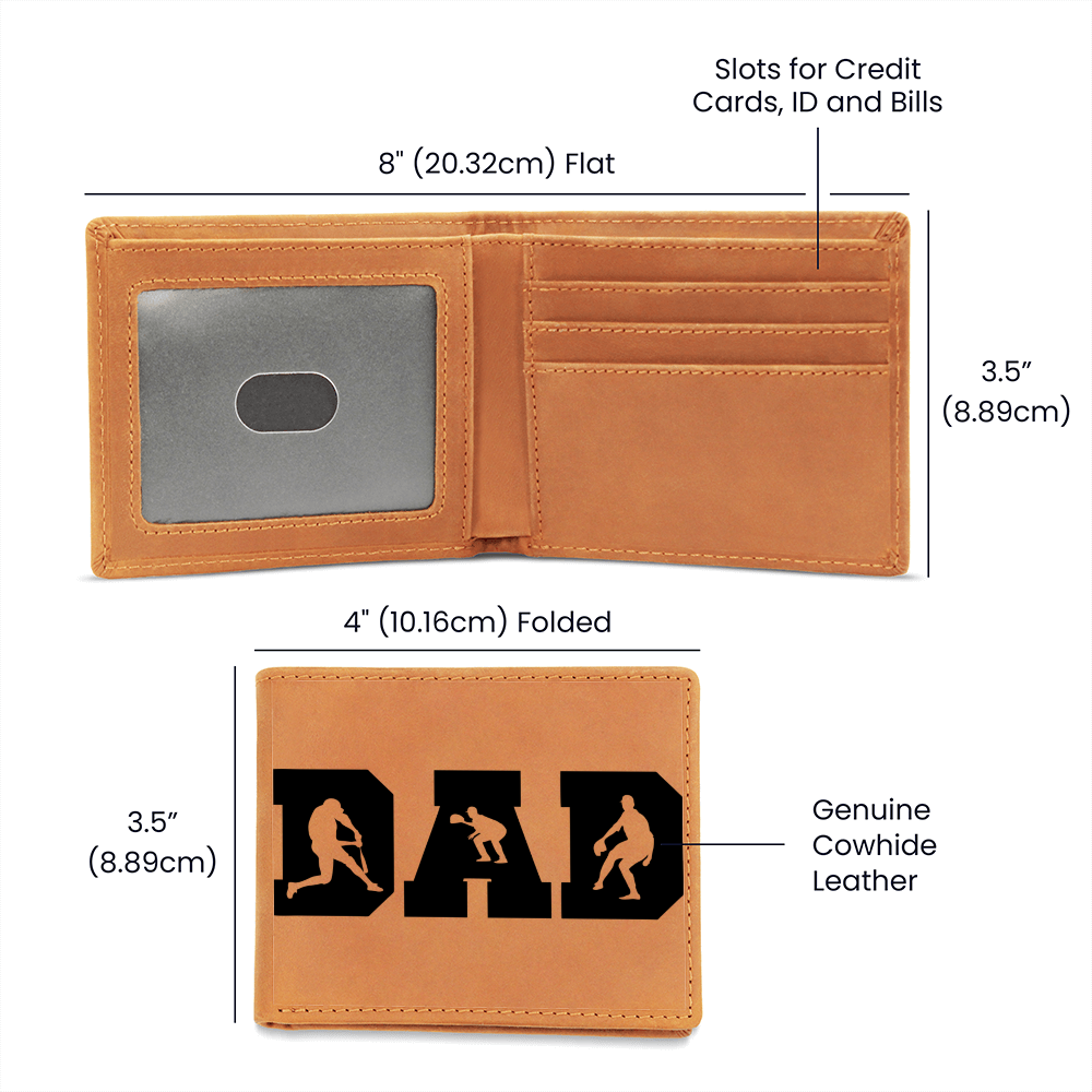Baseball Silhouette Dad Wallet – Full Grain Cowhide Leather Bifold – Sports Gift for Father's Day or Baseball Coach - Mallard Moon Gift Shop