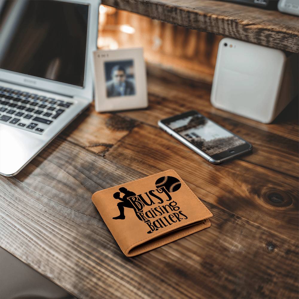 Busy Raising Ballers Leather Wallet – Full Grain Cowhide Bifold – Baseball Gift for Sports-Loving Dads - Mallard Moon Gift Shop