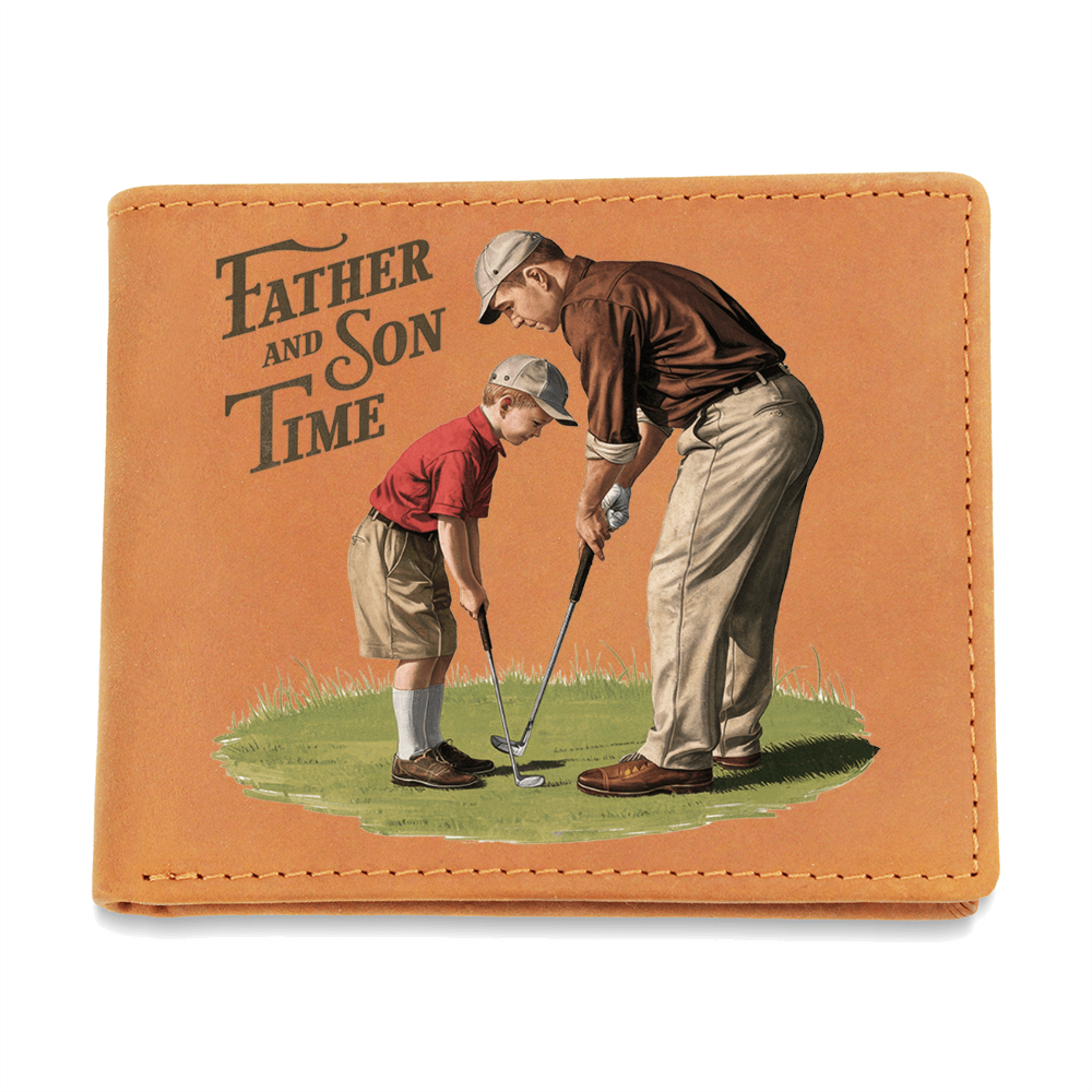 Father and Son Time Leather Wallet – Vintage Golf-Inspired Cowhide Bifold Wallet – Sentimental Gift for Dad with Gift Box - Mallard Moon Gift Shop