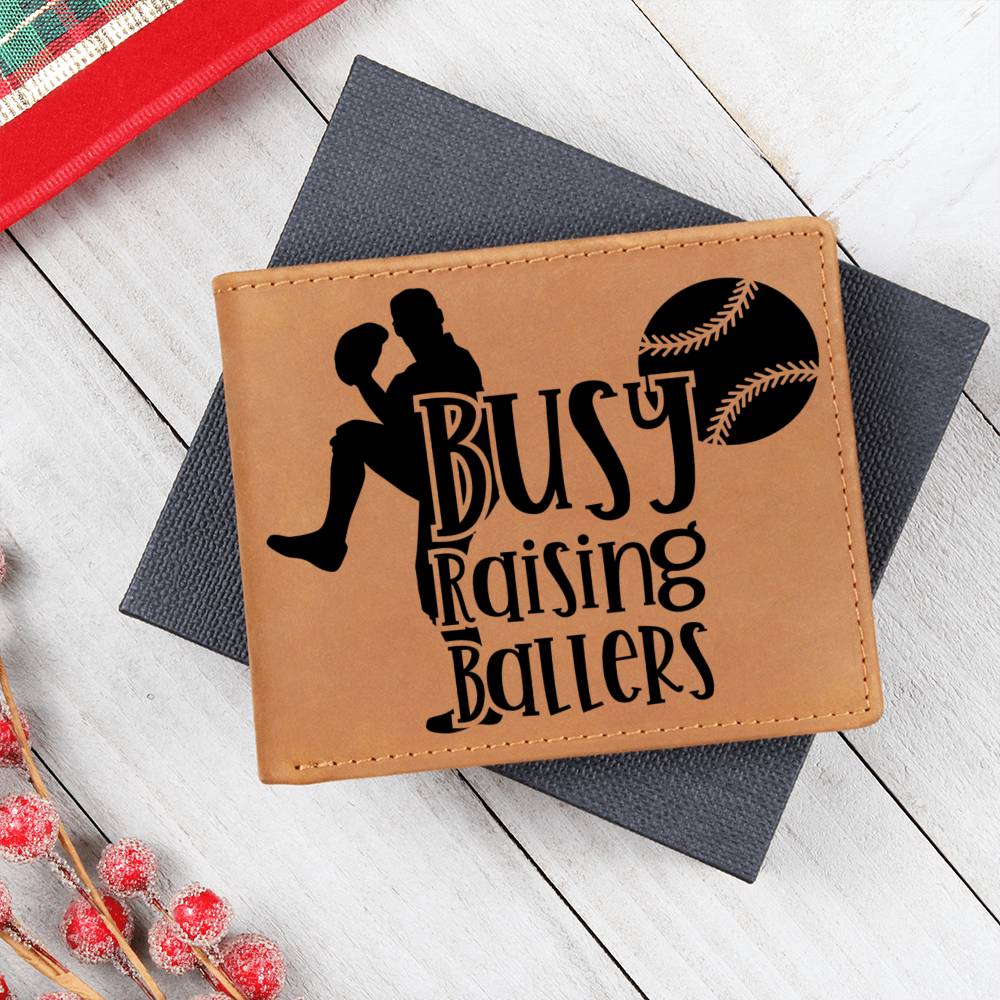 Busy Raising Ballers Leather Wallet – Full Grain Cowhide Bifold – Baseball Gift for Sports-Loving Dads - Mallard Moon Gift Shop