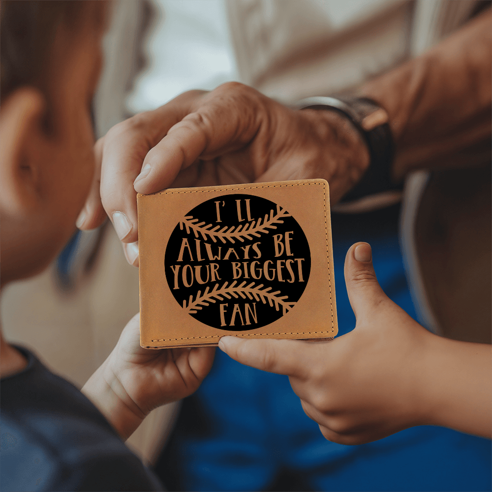 I'll Always Be Your Biggest Fan Baseball Wallet – Full Grain Cowhide Leather Bifold – Heartfelt Gift for Dad, Son, or Player - Mallard Moon Gift Shop