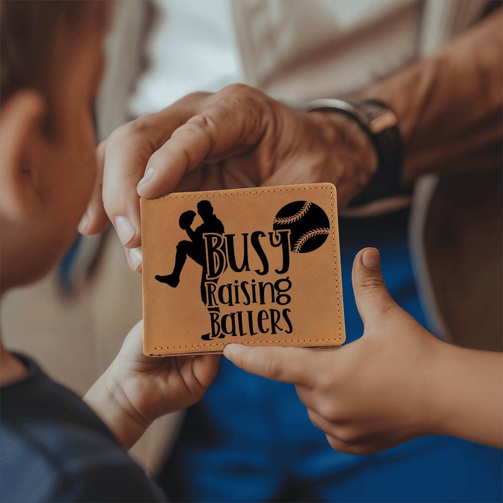 Busy Raising Ballers Leather Wallet – Full Grain Cowhide Bifold – Baseball Gift for Sports-Loving Dads - Mallard Moon Gift Shop