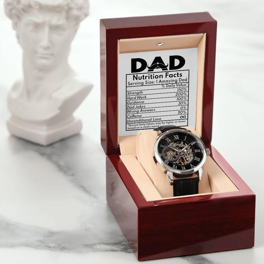 Dad Gift - Nutrition Facts Men's Openwork Watch with Gift Box - Mallard Moon Gift Shop