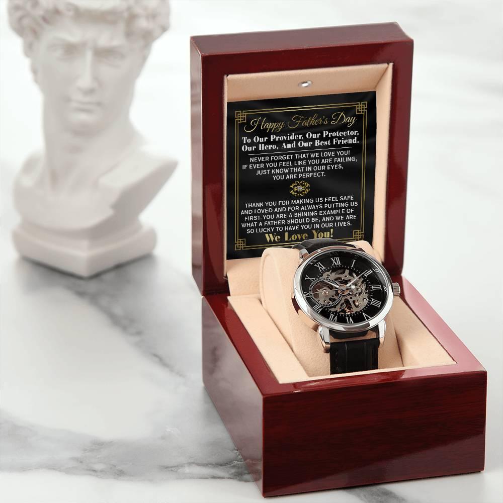 Dad Gift -Our Provider, Protector, Hero, Best Friend Men's Openwork Watch with Gift Box - Mallard Moon Gift Shop