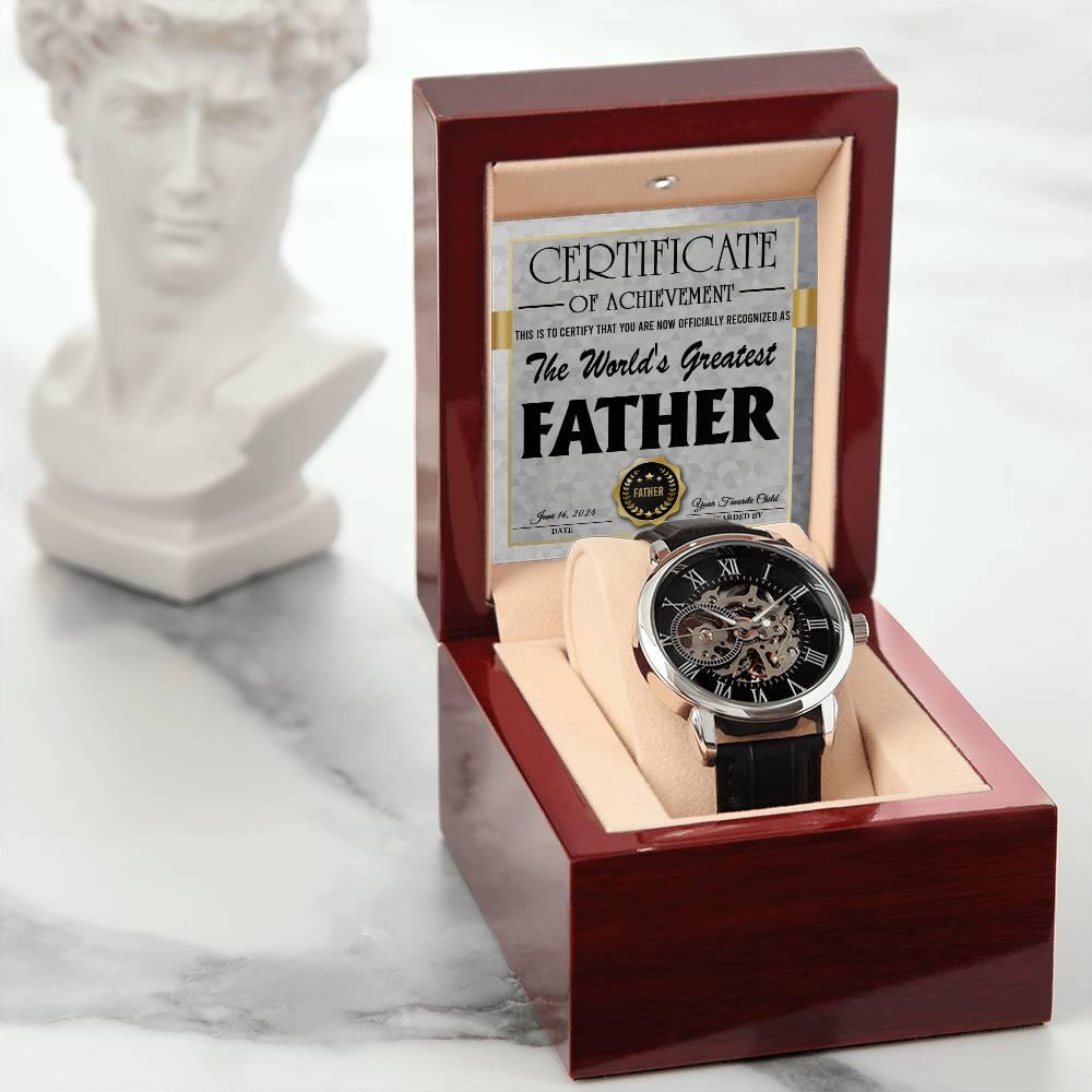 Dad Certificate of Achievement for the World's Greatest Father Men's Openwork Watch with Gift Box - Mallard Moon Gift Shop