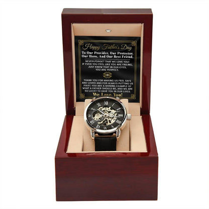 Dad Gift -Our Provider, Protector, Hero, Best Friend Men's Openwork Watch with Gift Box - Mallard Moon Gift Shop