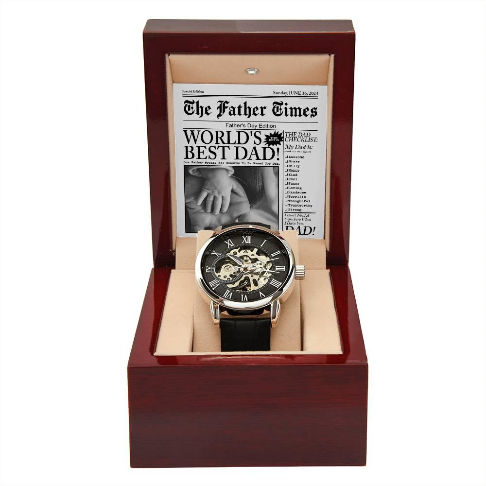 Dad Gift - Headline on The Father Times - World's Best Dad Men's Openwork Watch with Gift Box - Mallard Moon Gift Shop