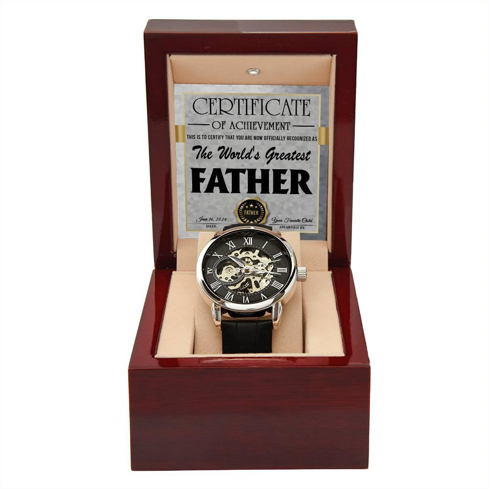 Dad Certificate of Achievement for the World's Greatest Father Men's Openwork Watch with Gift Box - Mallard Moon Gift Shop