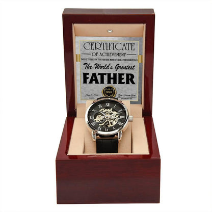 Dad Certificate of Achievement for the World's Greatest Father Men's Openwork Watch with Gift Box - Mallard Moon Gift Shop