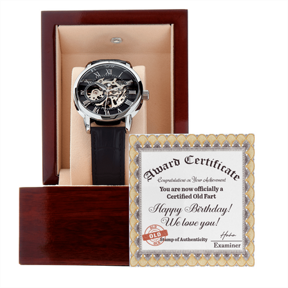 Certified Old Fart Birthday Watch – Men's Openwork Watch with Leather Band | Gag Gift for Dad, Grandpa, Husband or Friend - Mallard Moon Gift Shop