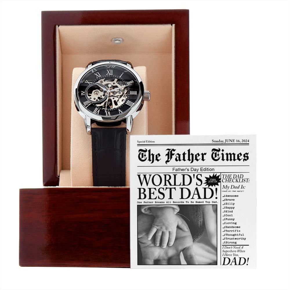 Dad Gift - Headline on The Father Times - World's Best Dad Men's Openwork Watch with Gift Box - Mallard Moon Gift Shop