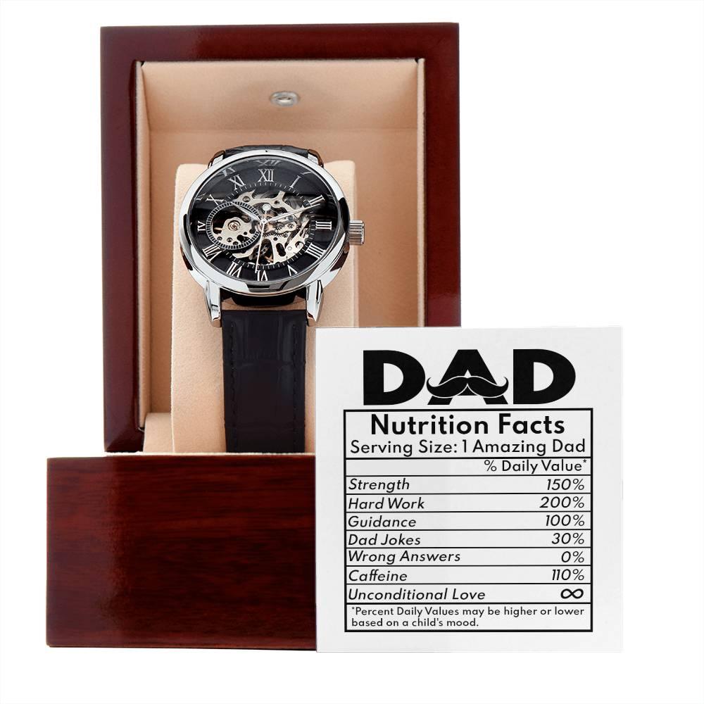 Dad Gift - Nutrition Facts Men's Openwork Watch with Gift Box - Mallard Moon Gift Shop