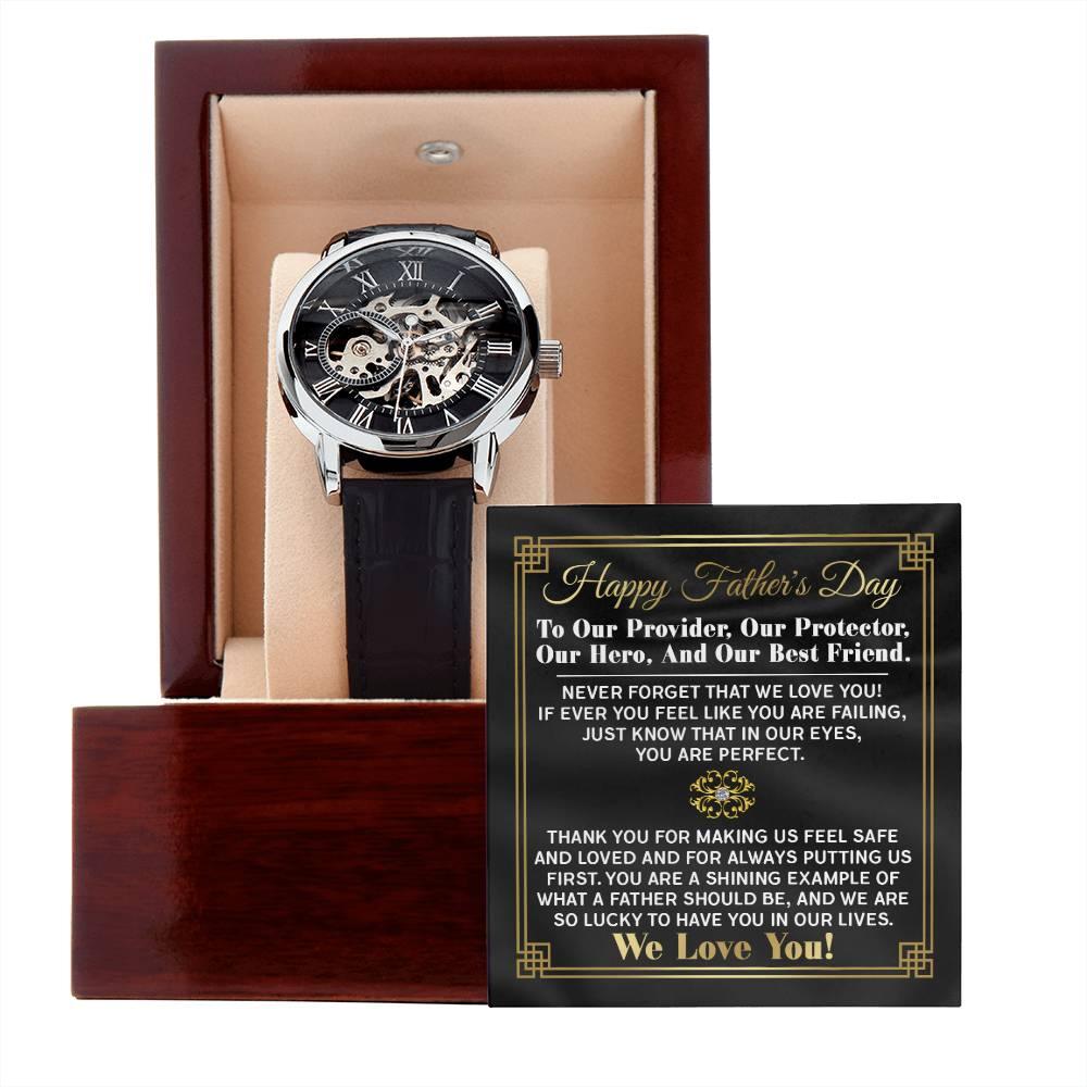 Dad Gift -Our Provider, Protector, Hero, Best Friend Men's Openwork Watch with Gift Box - Mallard Moon Gift Shop