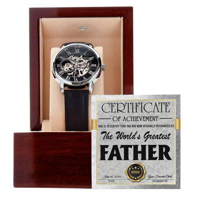 Dad Certificate of Achievement for the World's Greatest Father Men's Openwork Watch with Gift Box - Mallard Moon Gift Shop