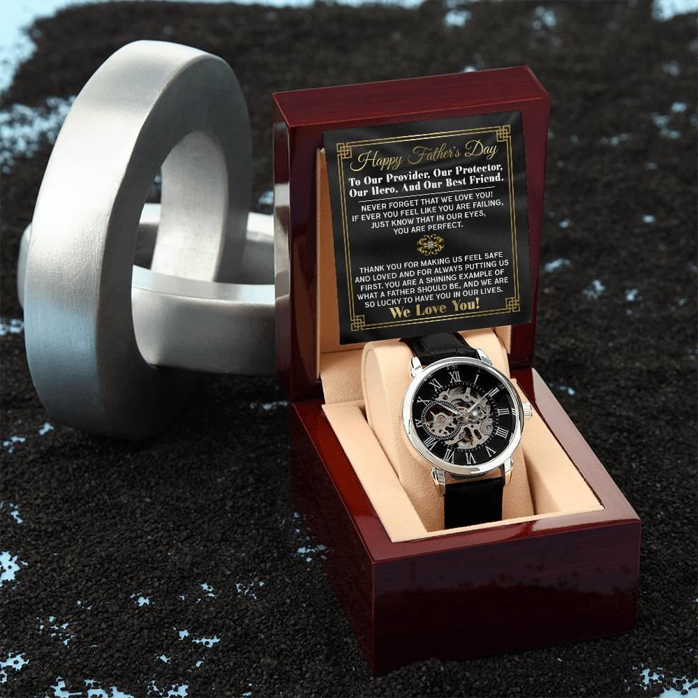 Dad Gift -Our Provider, Protector, Hero, Best Friend Men's Openwork Watch with Gift Box - Mallard Moon Gift Shop