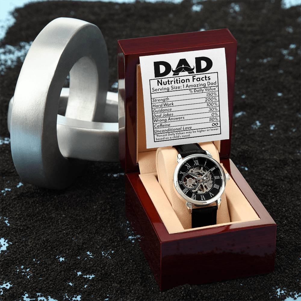 Dad Gift - Nutrition Facts Men's Openwork Watch with Gift Box - Mallard Moon Gift Shop