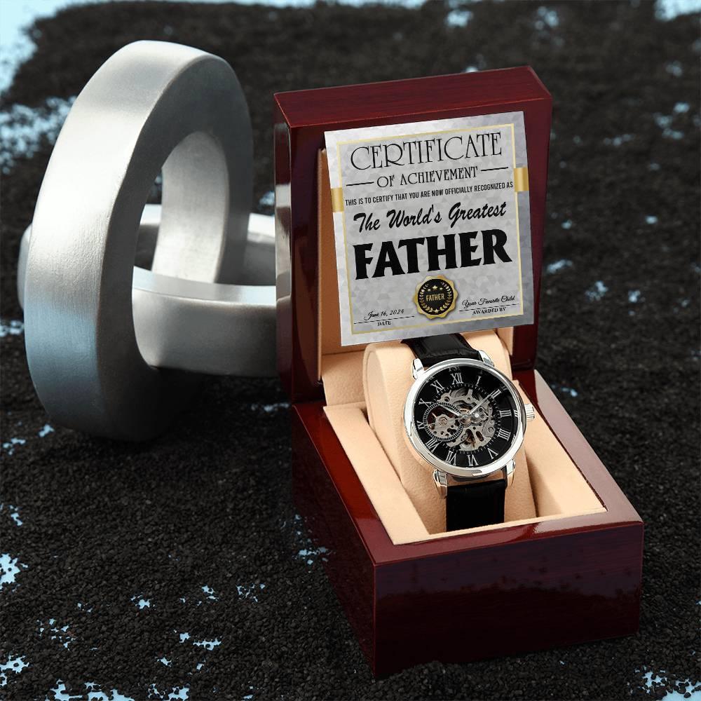 Dad Certificate of Achievement for the World's Greatest Father Men's Openwork Watch with Gift Box - Mallard Moon Gift Shop