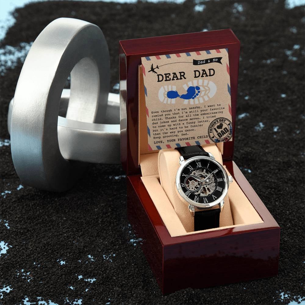Dad Gift -Thanks for All The Embarrassing Dad Jokes and Dance Moves - Your Favorite Child Men's Openwork Watch with Gift Box - Mallard Moon Gift Shop