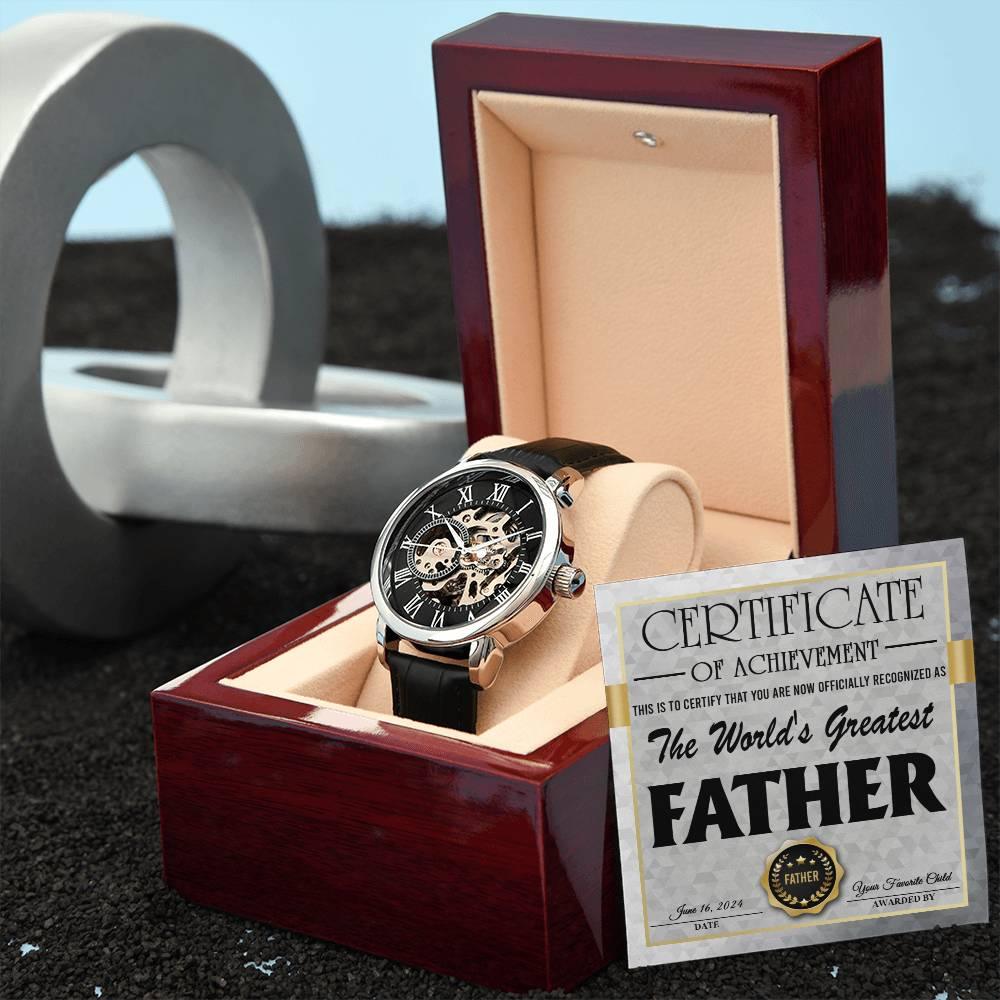 Dad Certificate of Achievement for the World's Greatest Father Men's Openwork Watch with Gift Box - Mallard Moon Gift Shop