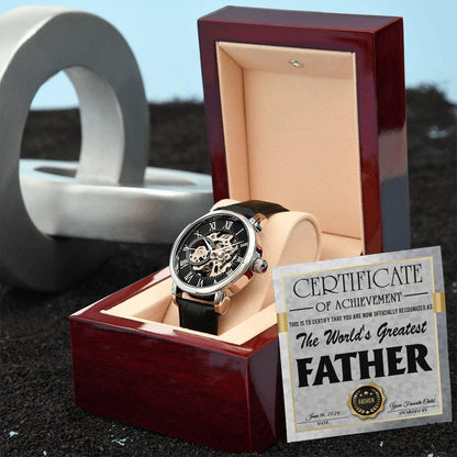 Dad Certificate of Achievement for the World's Greatest Father Men's Openwork Watch with Gift Box - Mallard Moon Gift Shop
