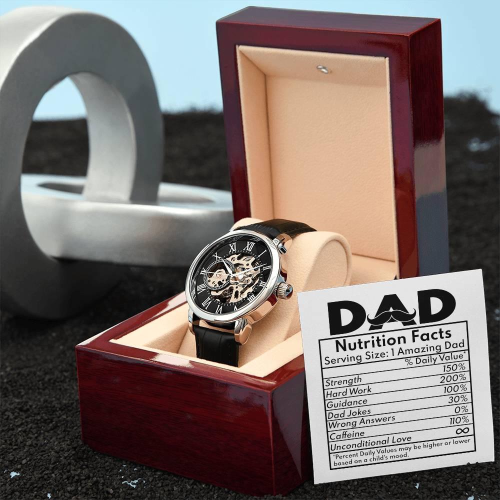Dad Gift - Nutrition Facts Men's Openwork Watch with Gift Box - Mallard Moon Gift Shop